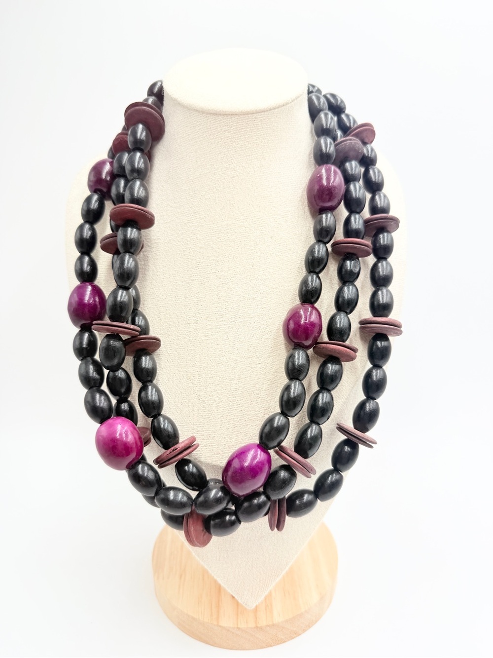Vintage Multi-Strand Wooden Bead Statement Necklace Purple & Black